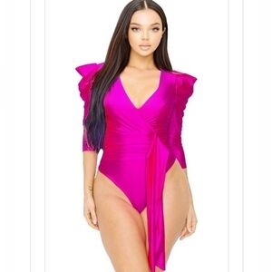 Satin 3/4 Sleeve Surplice Wrap Bodysuit Fuchsia